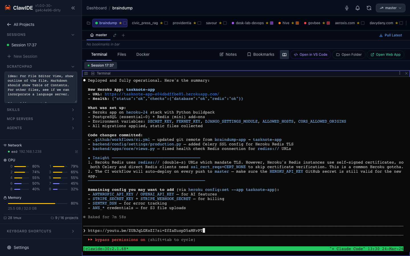 ClawIDE Terminal Sessions